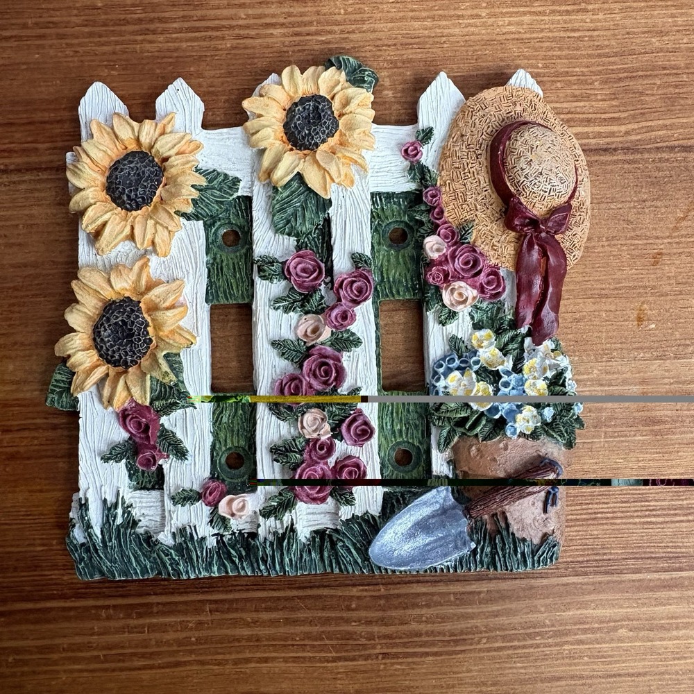 Double Light Switch Cover - Garden Fence with Flowers, Garden Tools, Hat 3D